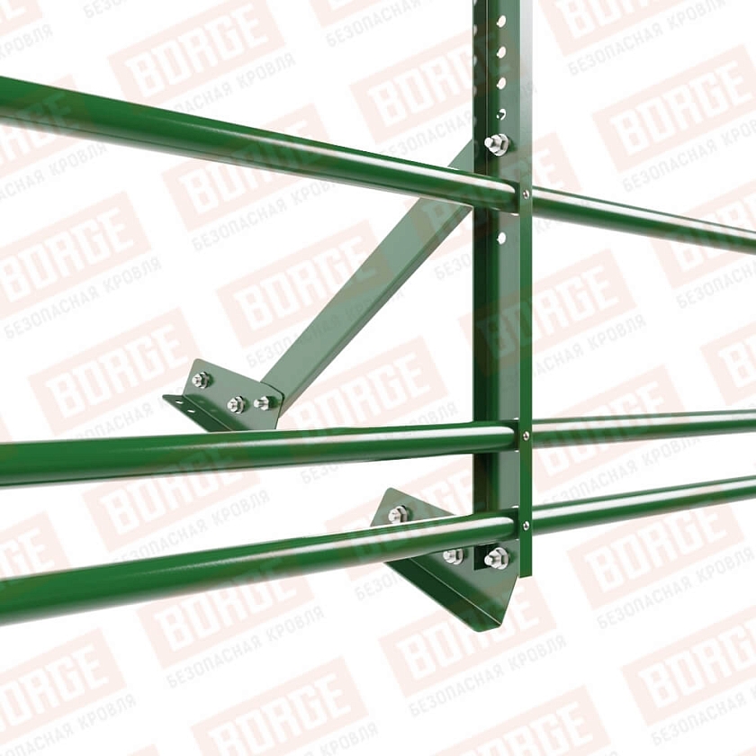 Ограждение кровельное Русский Рубеж H-60см, 3м, для фальцевой кровли, лиственно-зеленый (RAL 6002), с двумя доп. трубами