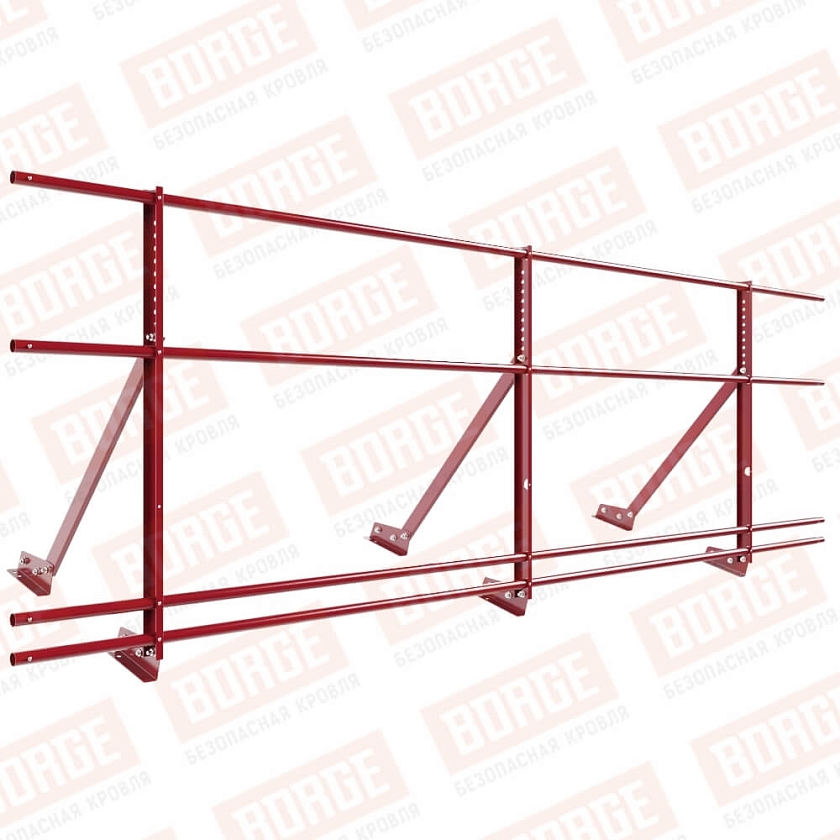 Ограждение кровельное Русский Рубеж H-90см, 3м, для фальцевой кровли, рубиново-красный (RAL 3003), с двумя доп. трубами