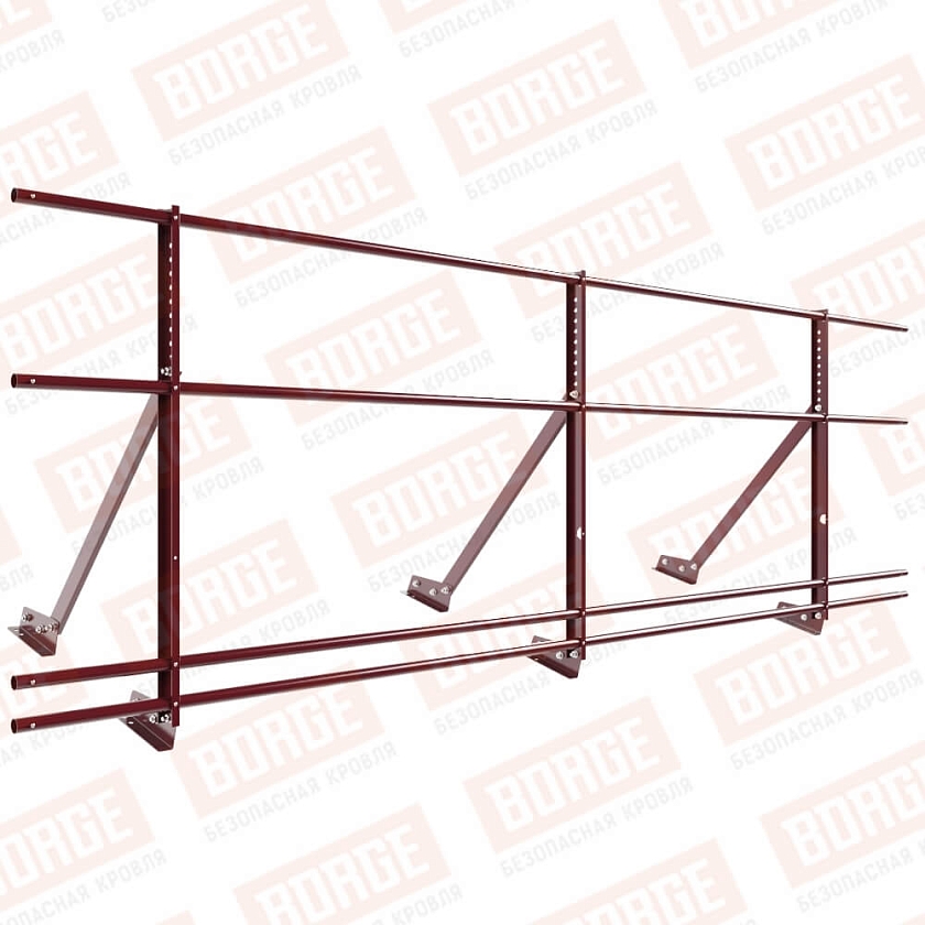 Ограждение кровельное Русский Рубеж H-90см, 3м, для фальцевой кровли, красное вино (RAL 3005), с двумя доп. трубами