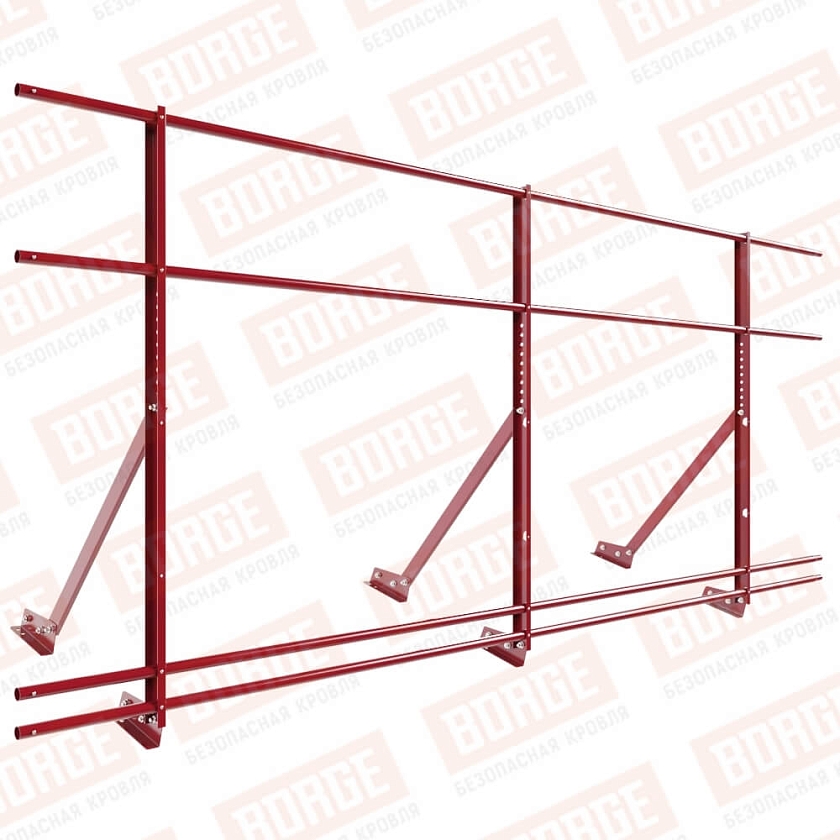 Ограждение кровельное Русский Рубеж H-120см, 3м, для фальцевой кровли, рубиново-красный (RAL 3003), с двумя доп. трубами