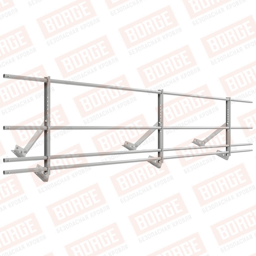 Ограждение кровельное Русский Рубеж H-60см, 3м, для фальцевой кровли, бело-алюминиевый (RAL 9006), с двумя доп. трубами