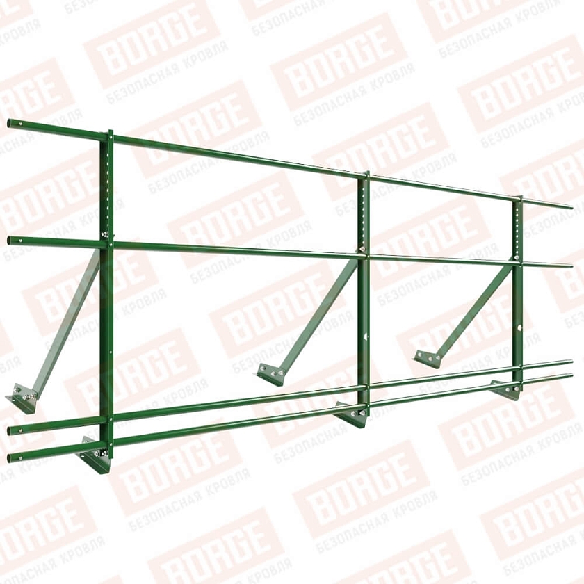 Ограждение кровельное Русский Рубеж H-90см, 3м, для фальцевой кровли, лиственно-зеленый (RAL 6002), с двумя доп. трубами