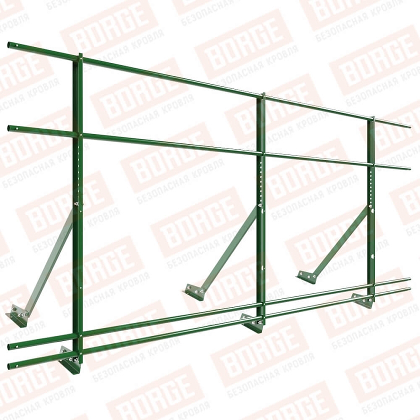 Ограждение кровельное Русский Рубеж H-120см, 3м, для фальцевой кровли, лиственно-зеленый (RAL 6002), с двумя доп. трубами