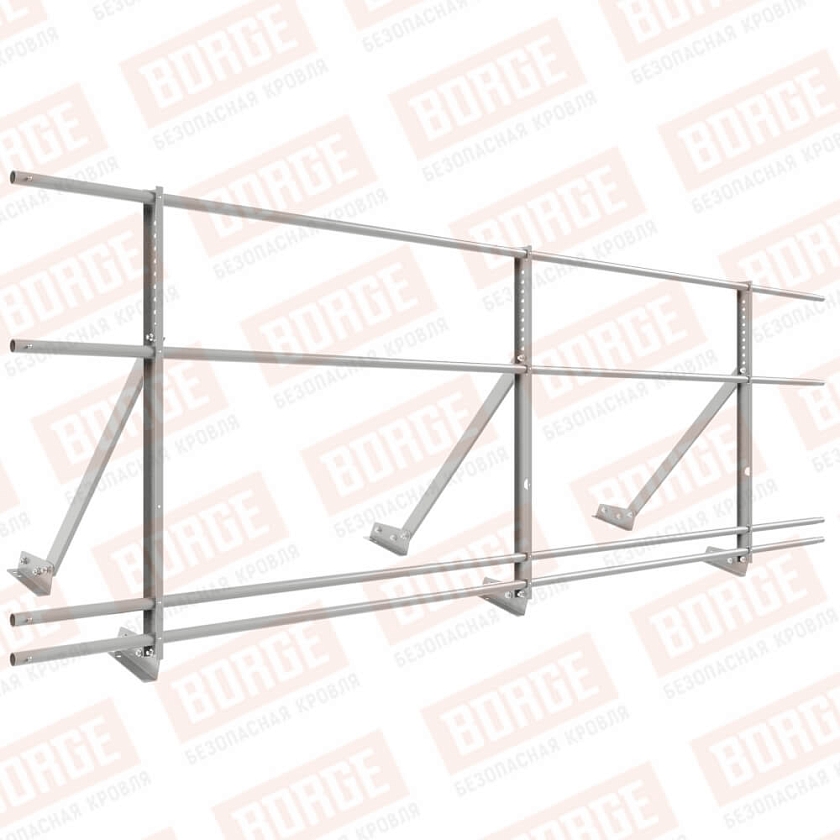 Ограждение кровельное Русский Рубеж H-90см, 3м, для фальцевой кровли, бело-алюминиевый (RAL 9006), с двумя доп. трубами