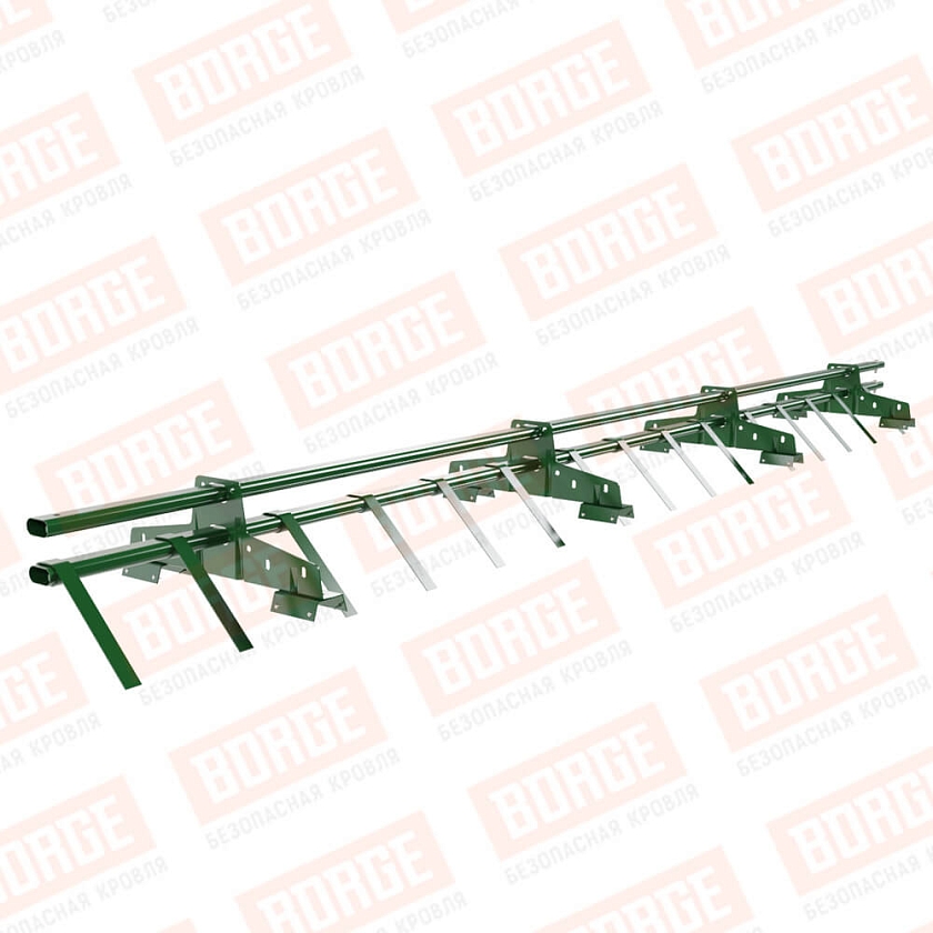 Снегозадержатель трубчатый BORGE 3м, 4 опоры, для профнастила Н-60, Н-75, лиственно-зеленый (RAL 6002)